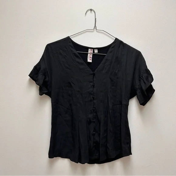 Anthropologie Dolan Mitzi Pleated Peplum Ruffle Button Front Black Blouse - Picture 2 of 5